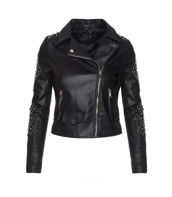 Kunstlederjacke damen biker jacke schwarz nieten jacke D-251