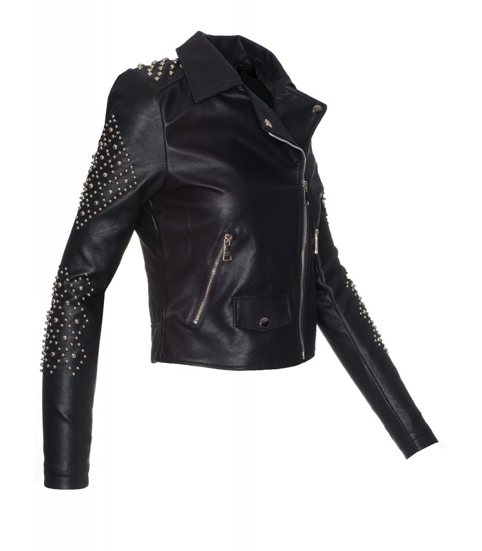 Kunstlederjacke damen biker jacke schwarz nieten jacke D-251