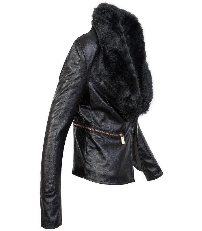 Damen Kunstlederjacke mit Kunstfellkragen D-300