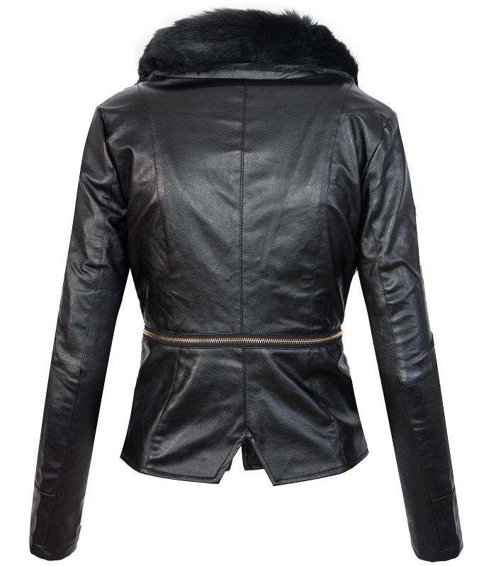 Damen Kunstlederjacke mit Kunstfellkragen D-300
