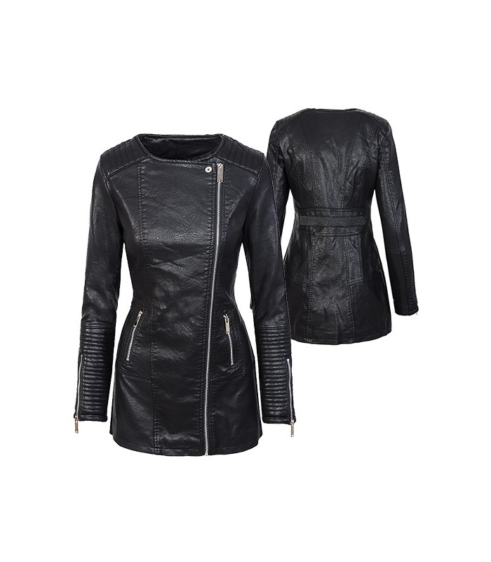 Damen Mantel Kunstledermantel Bikerjacke Übergangsjacke Schwarz