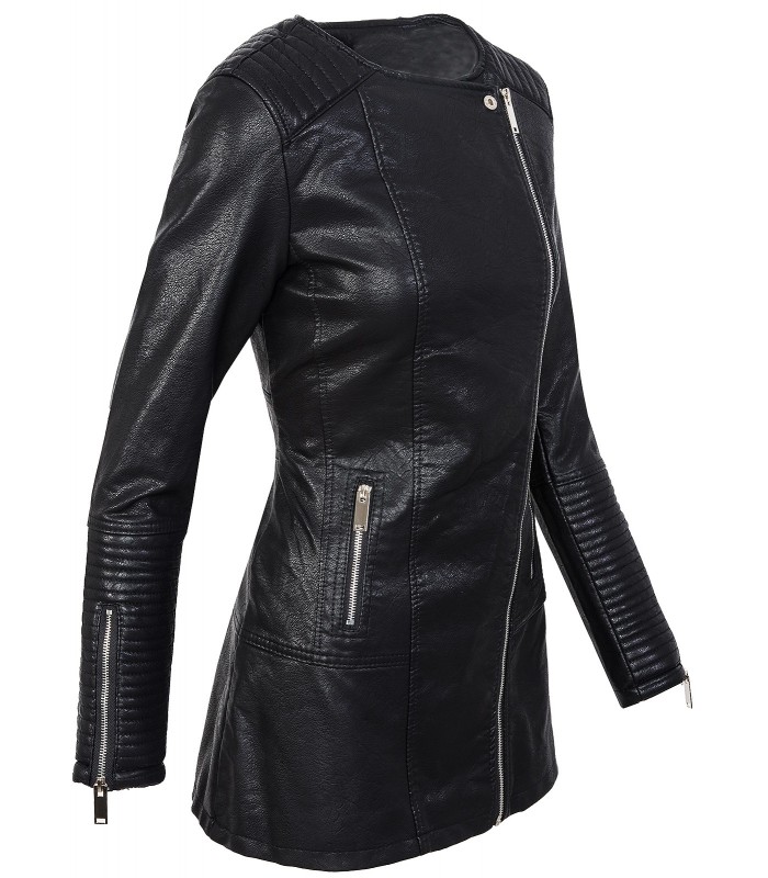 Damen Mantel Kunstledermantel Bikerjacke Übergangsjacke Schwarz
