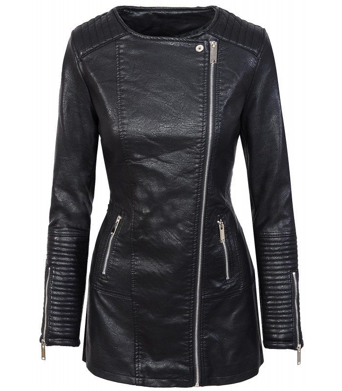 Damen Mantel Kunstledermantel Bikerjacke Übergangsjacke Schwarz
