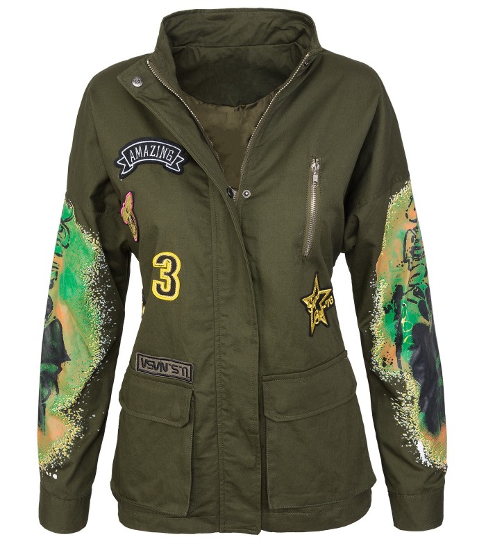 Damen Army-Style Jacke Übergangs Jacke mit Print D-291