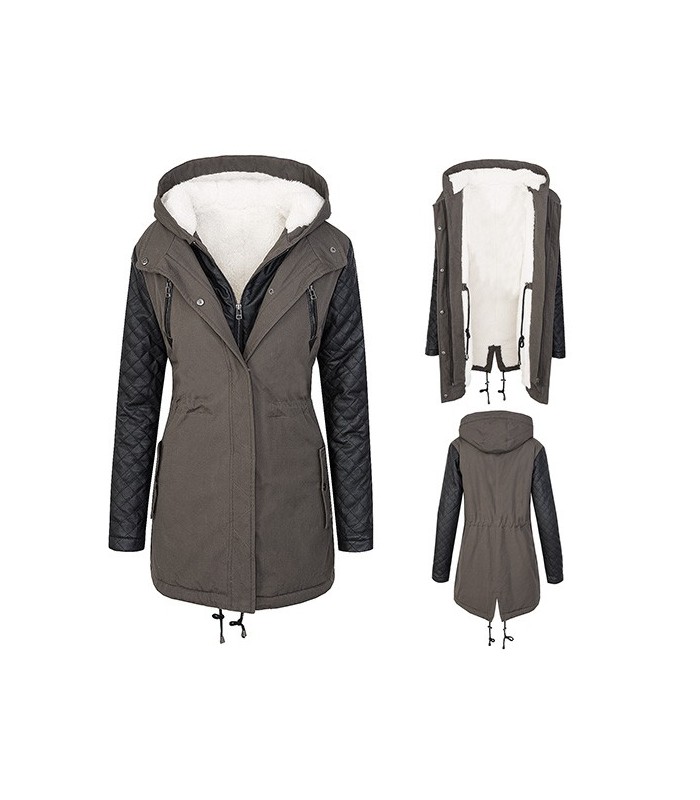 Designer Damen Wintermantel Winterjacke Parka Teddyfell Kunstleder Ärmel D-373