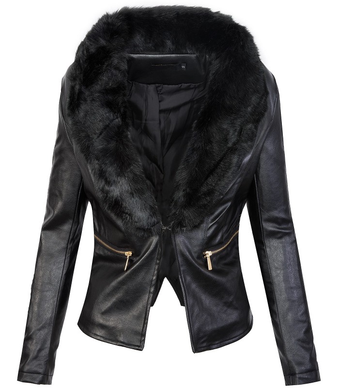 Damen Kunstlederjacke mit Kunstfellkragen D-300