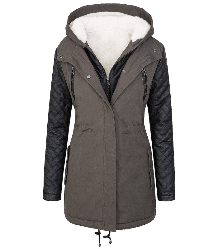 Designer Damen Wintermantel Winterjacke Parka Teddyfell Kunstleder Ärmel D-373