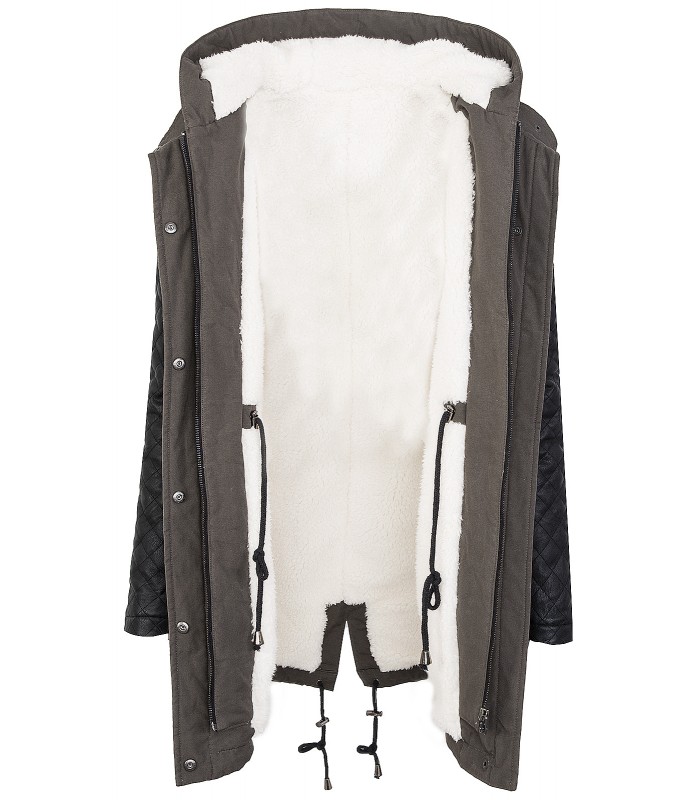 Designer Damen Wintermantel Winterjacke Parka Teddyfell Kunstleder Ärmel D-373