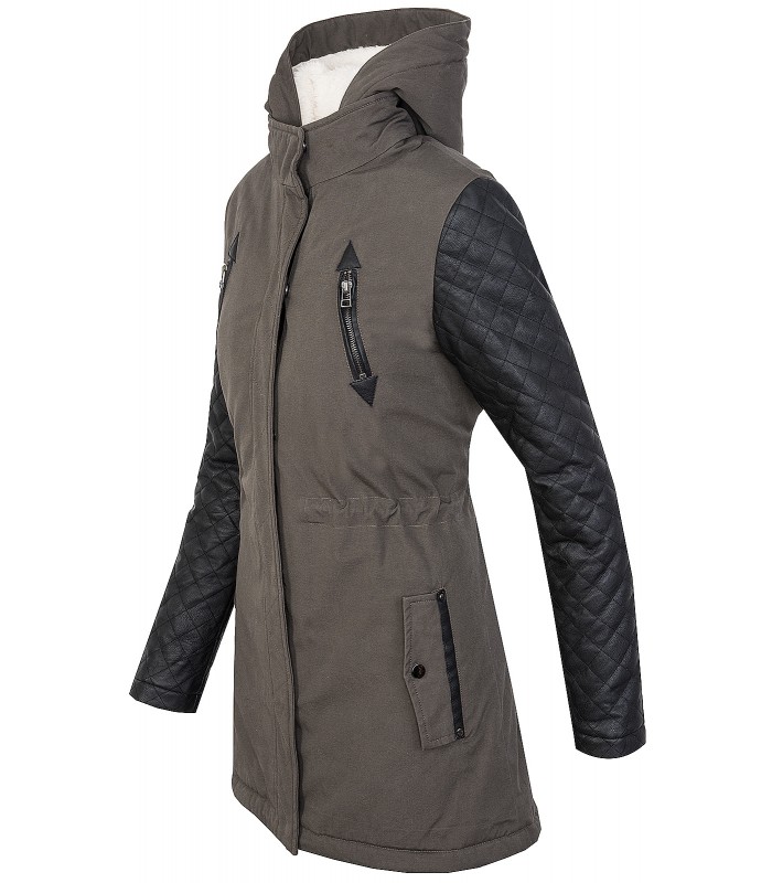 Designer Damen Wintermantel Winterjacke Parka Teddyfell Kunstleder Ärmel D-373