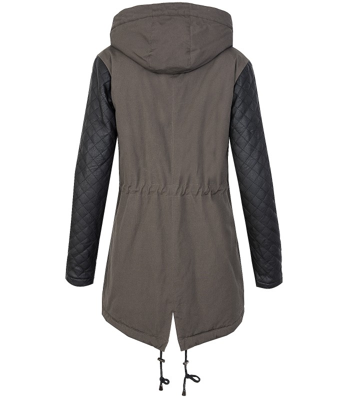 Designer Damen Wintermantel Winterjacke Parka Teddyfell Kunstleder Ärmel D-373