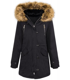 Damen Jacke Winterjacke Parka Schwarz Teddyfutter Jacke mit Kapuze D-388
