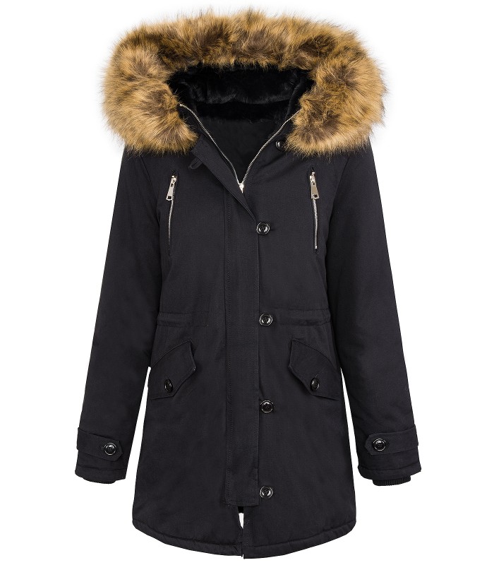 Damen Jacke Winterjacke Parka Schwarz Teddyfutter Jacke mit Kapuze D-388