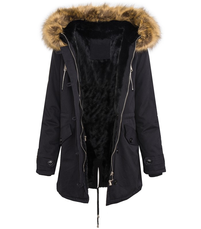 Damen Jacke Winterjacke Parka Schwarz Teddyfutter Jacke mit Kapuze D-388