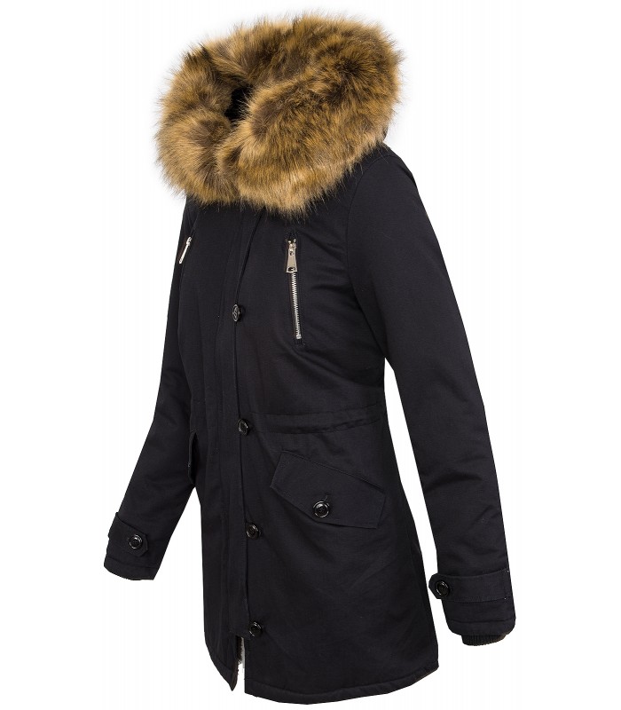 Damen Jacke Winterjacke Parka Schwarz Teddyfutter Jacke mit Kapuze D-388