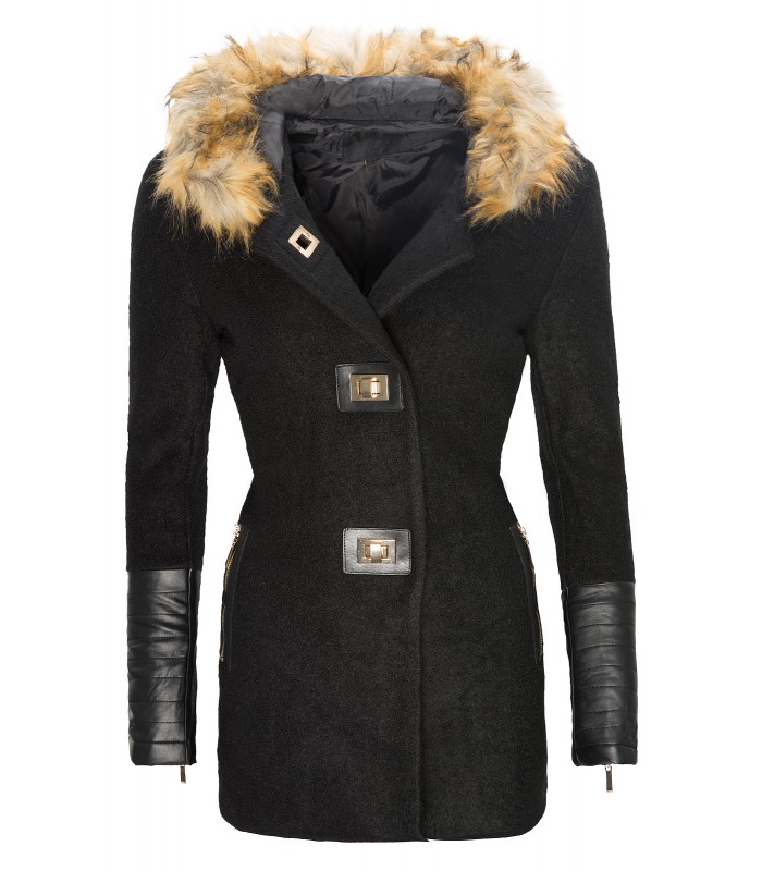 Damen Winter Wollmantel mir Kapuze Kunstfellkragen D-120 