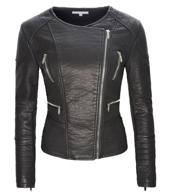 Damen Bikerjacke Kunstleder Rundhalsausschnitt Schwarz D-126