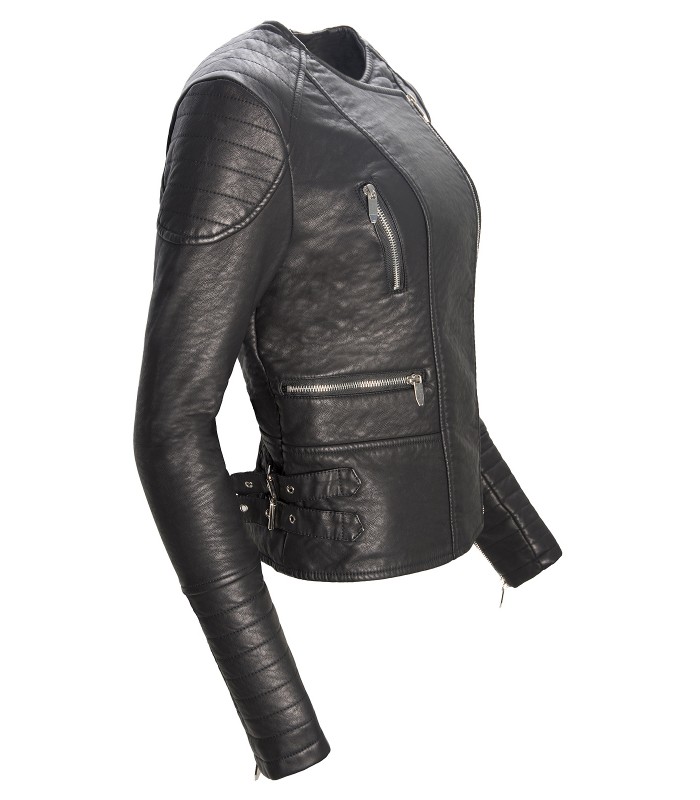 Damen Bikerjacke Kunstleder Rundhalsausschnitt Schwarz D-126