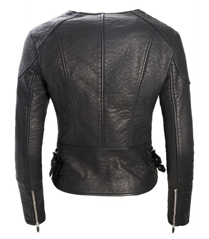 Damen Bikerjacke Kunstleder Rundhalsausschnitt Schwarz D-126