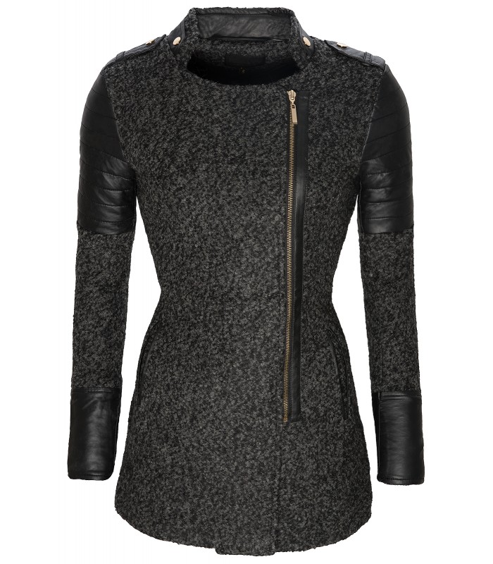 Damen Designer Jacke Wollmantel Damenmantel Grau warm Übergangsjacke D-134