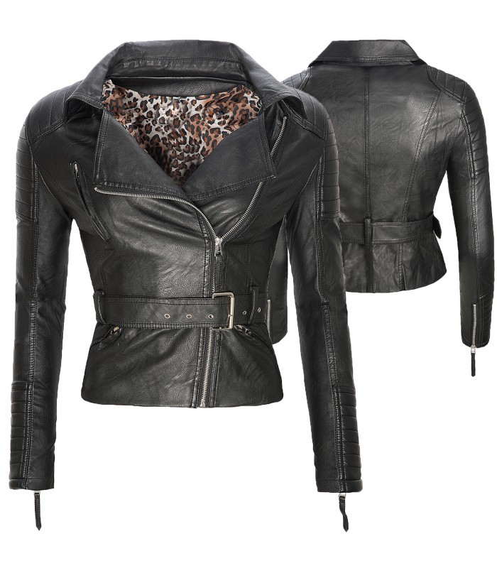 Damen Kunstleder Jacke Übergangsjacke Biker Style Leder-Optik Schwarz