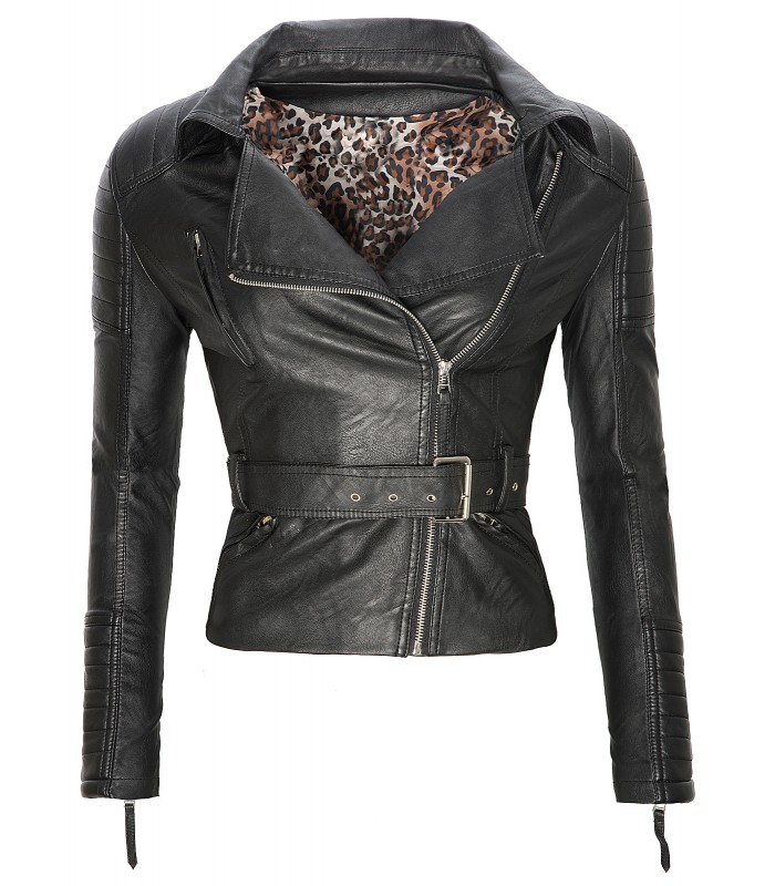 Damen Kunstleder Jacke Übergangsjacke Biker Style Leder-Optik Schwarz
