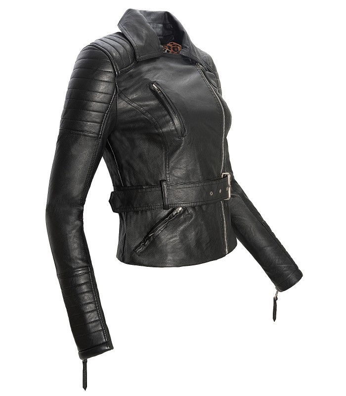 Damen Kunstleder Jacke Übergangsjacke Biker Style Leder-Optik Schwarz