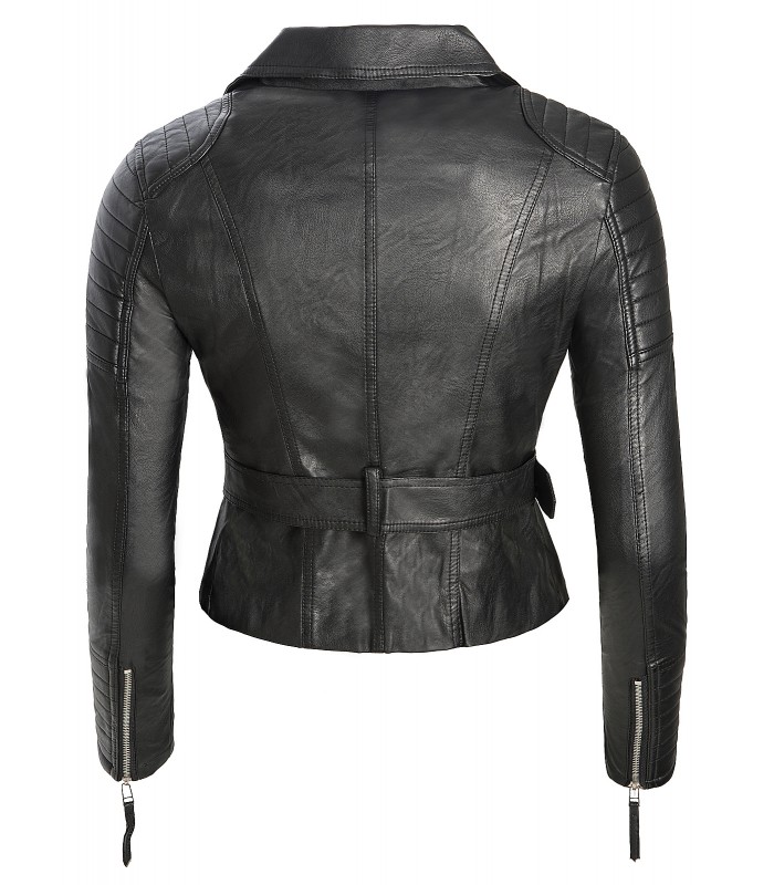 Damen Kunstleder Jacke Übergangsjacke Biker Style Leder-Optik Schwarz