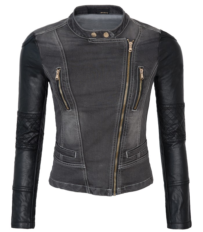 Damen Übergangsjacke Biker Jacke Jeans Jacke Kunstleder Ärmel Denim