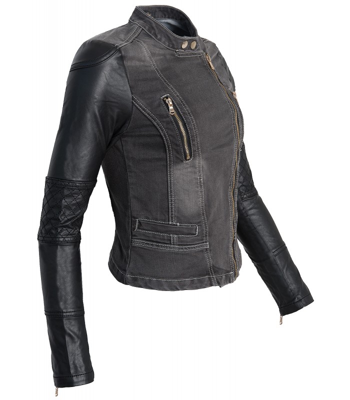 Damen Übergangsjacke Biker Jacke Jeans Jacke Kunstleder Ärmel Denim