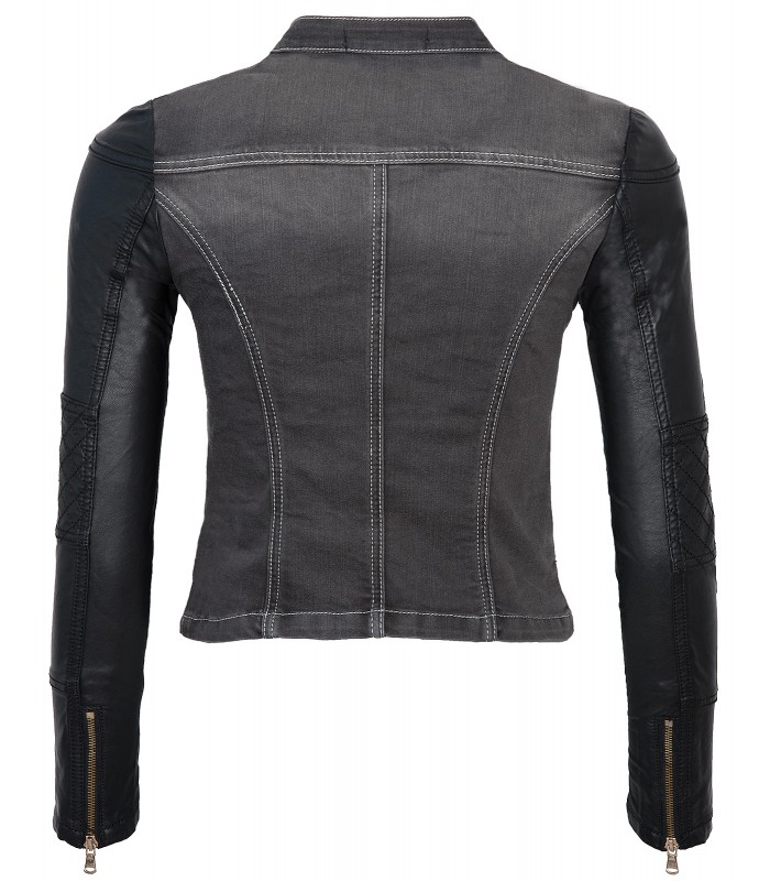 Damen Übergangsjacke Biker Jacke Jeans Jacke Kunstleder Ärmel Denim
