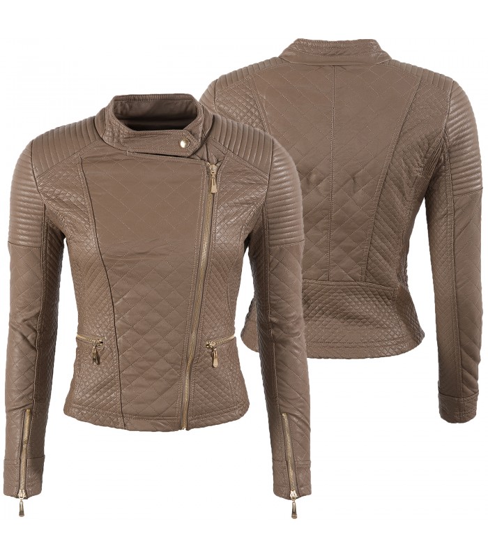 Damen Bikerjacke Kunstlederjacke Stehkragen D-148