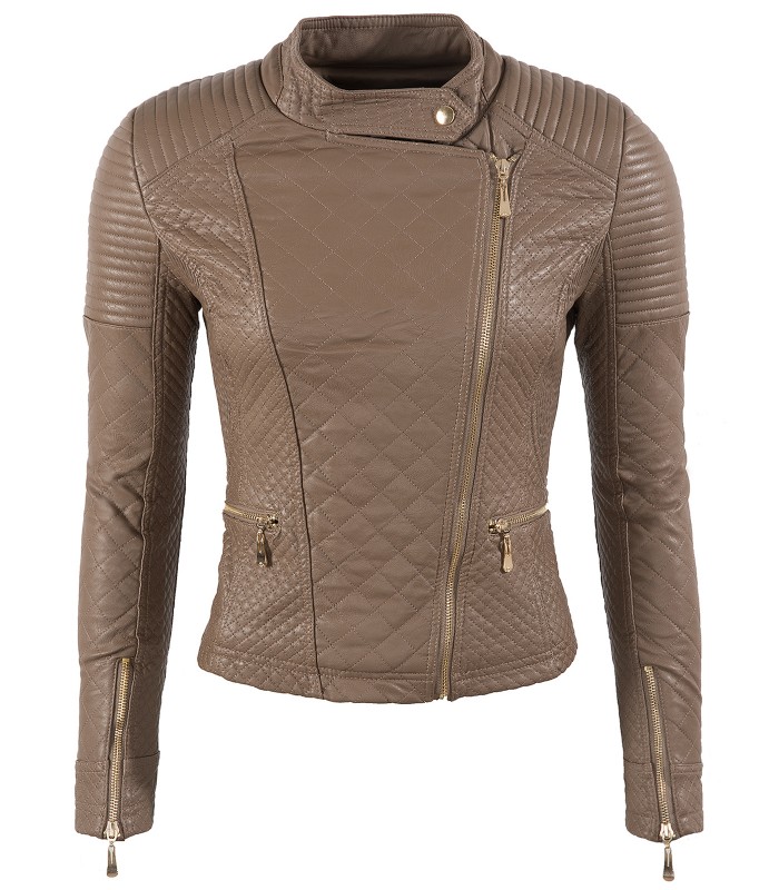 Damen Bikerjacke Kunstlederjacke Stehkragen D-148