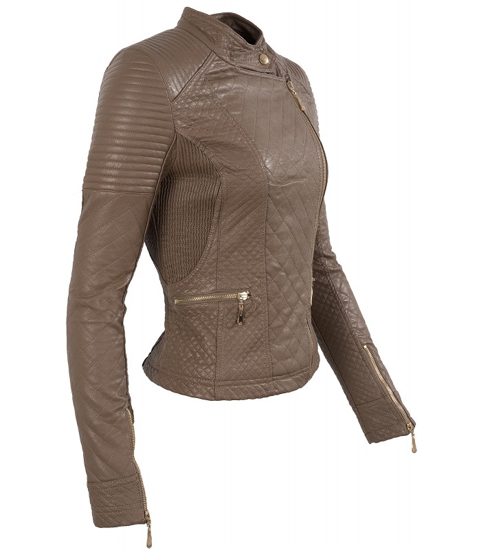 Damen Bikerjacke Kunstlederjacke Stehkragen D-148