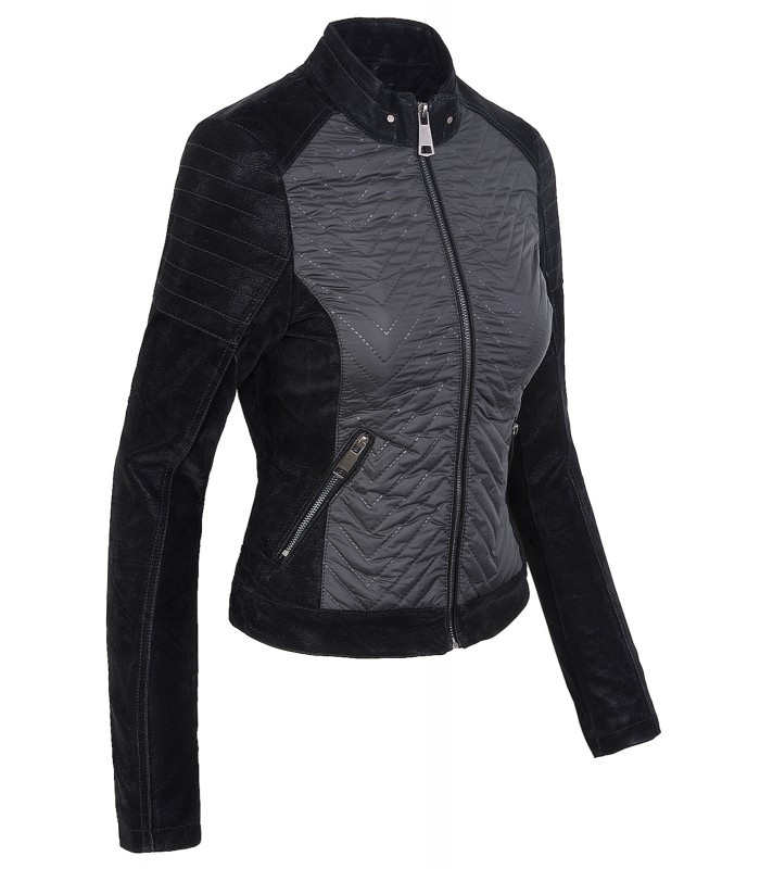 Damen Übergangsjacke mit Kunstleder Ärmeln Damenjacke Wildlederoptik D-189