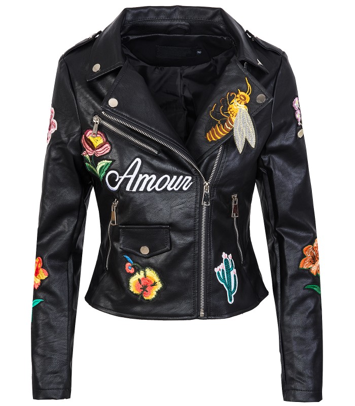 Damen Kunstlederjacke Bikerjacke Schwarz mit Blumenstickerei D-263