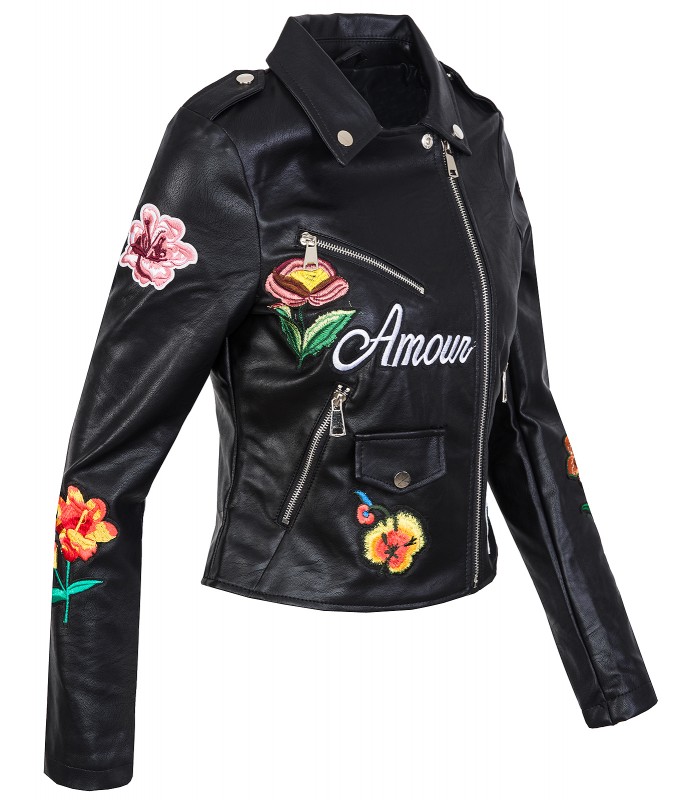 Damen Kunstlederjacke Bikerjacke Schwarz mit Blumenstickerei D-263