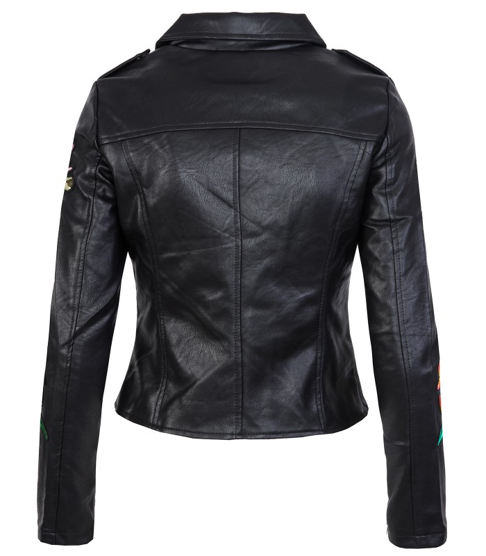 Damen Kunstlederjacke Bikerjacke Schwarz mit Blumenstickerei D-263
