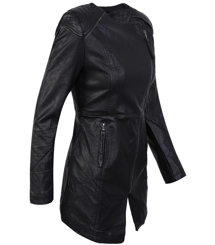 Damen Kunstleder Mantel Schwarz D-301