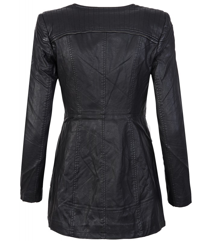Damen Kunstleder Mantel Schwarz D-301