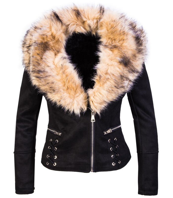 Damen Kunstpelz Jacke Teddyfell-Futter Schwarz D-418