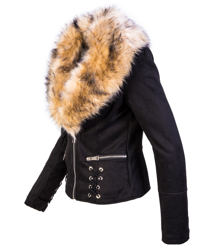 Damen Kunstpelz Jacke Teddyfell-Futter Schwarz D-418