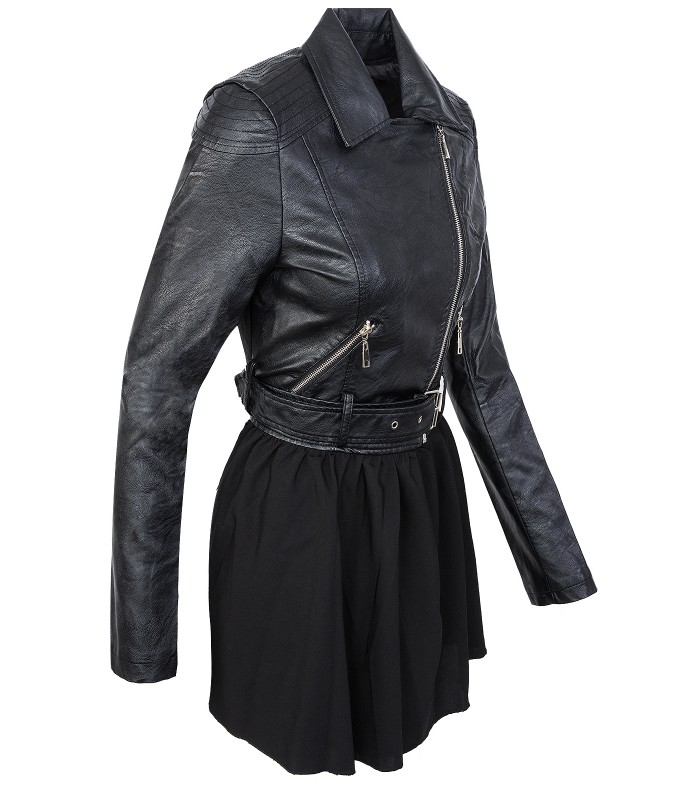 Damen Kunstleder Mantel Jacke Leder-Optik Bikerjacke Schwarz