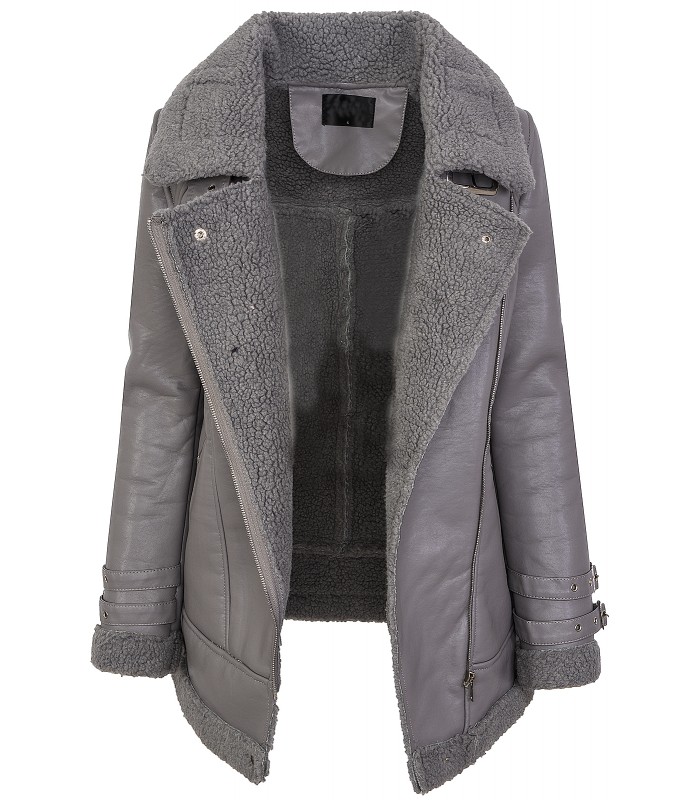 Designer Damen Winterjacke Pilotenjacke Kunstlederjacke warm Teddyfell D-367