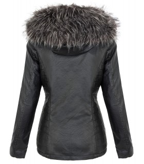 Damen Kunstlederjacke Kurzmantel mit Kunstfellkragen D-379
