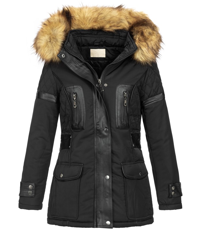 Damen Winter Jacke mit Kapuze Kunstleder-Applikationen D-431