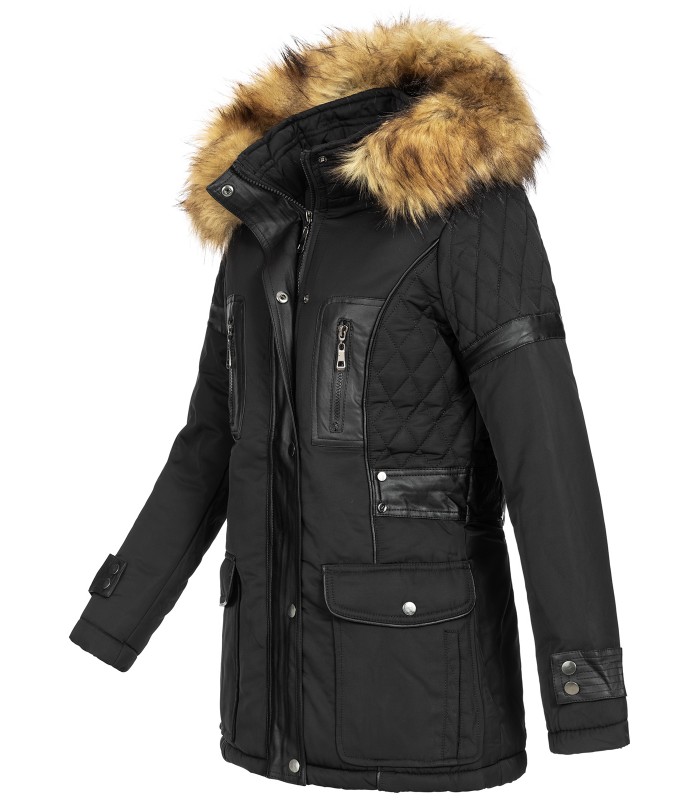 Damen Winter Jacke mit Kapuze Kunstleder-Applikationen D-431