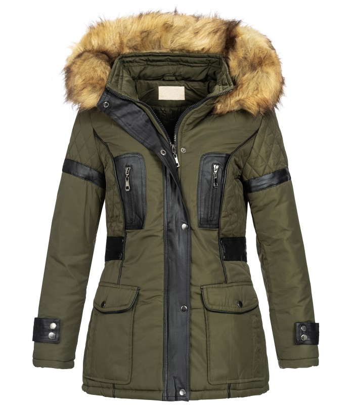 Damen Winter Jacke mit Kapuze Kunstleder-Applikationen D-431