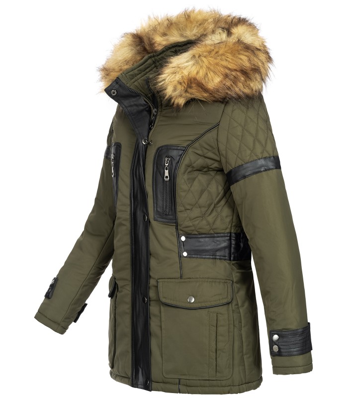 Damen Winter Jacke mit Kapuze Kunstleder-Applikationen D-431
