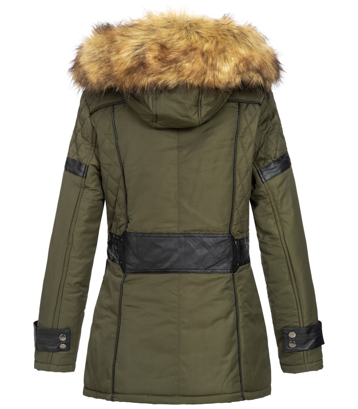 Damen Winter Jacke mit Kapuze Kunstleder-Applikationen D-431