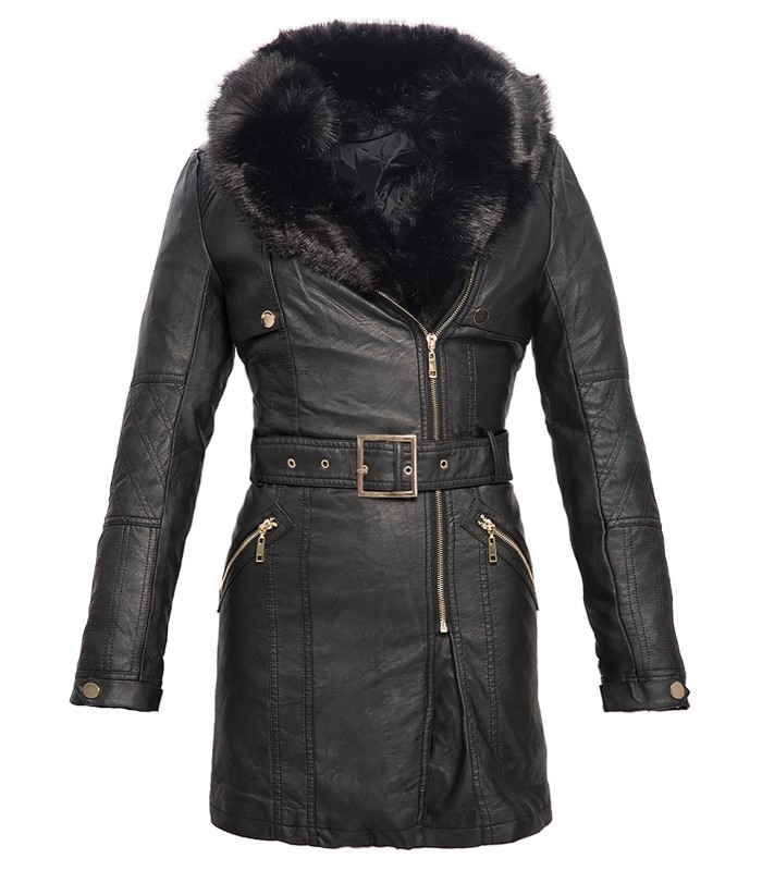 Damen Kunstleder Mantel mit Kapuze Damenjacke Leder Jacke Schwarz Lang